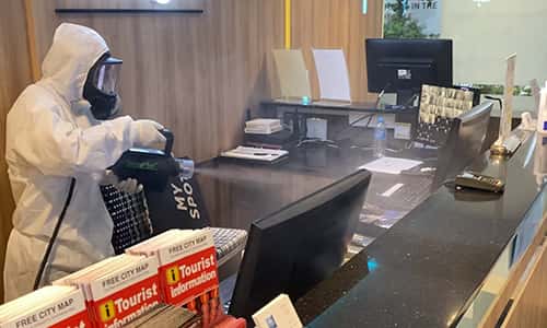 COVID-19 disinfection of hotel lobby
