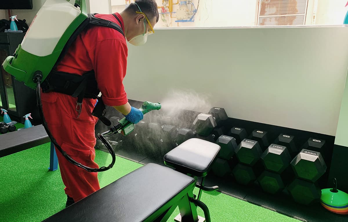 Gym facility and equipment being disinfected and protected with BR Shield