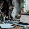 Fire-damaged Singapore home with insurance documents for claims processing.